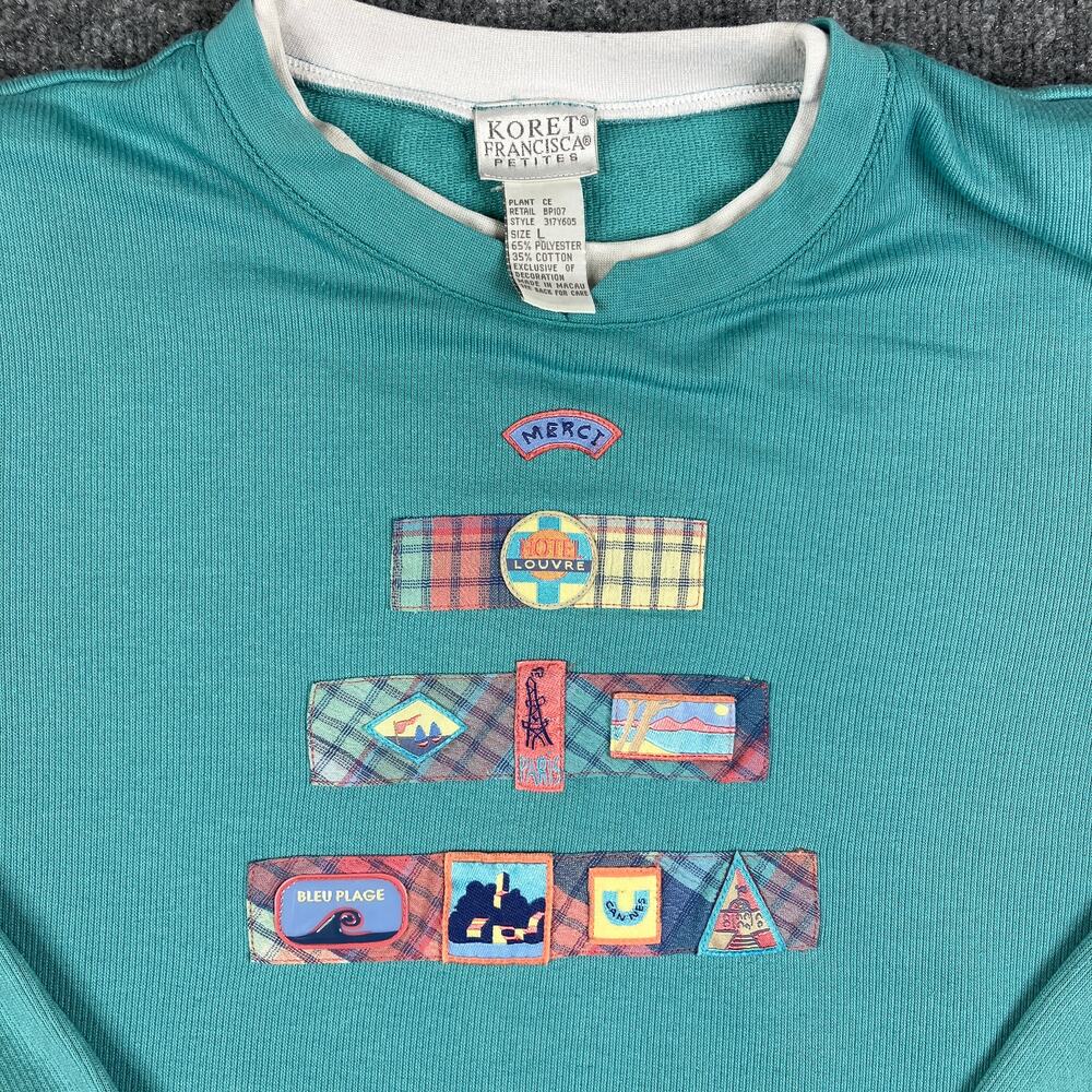 Koret Francisca Top Womens L Teal Graphic Paris Travel Theme Long Sleeve Tee